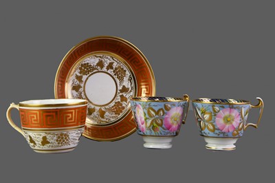 Lot 124 - AN EARLY 19TH CENTURY NEW HALL PORCELAIN TEACUP AND SAUCER, AND TWO OTHERS