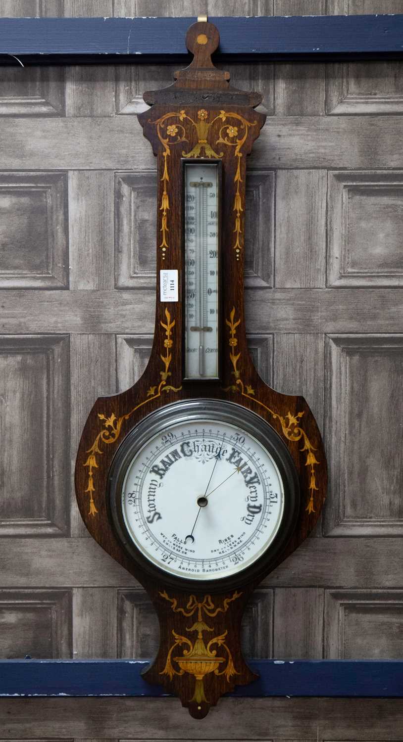 Lot 1114 - A LATE 19TH CENTURY INLAID ROSEWOOD BANJO BAROMETER