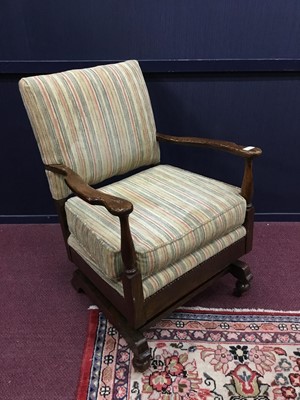 Lot 693 - AN EARLY 20TH CENTURY SPRING-ROCKER ARMCHAIR AND THREE OTHER CHAIRS