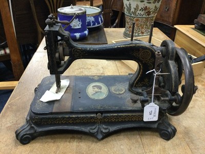 Lot 720 - A VICTORIAN ORIGINAL 'PRINCESS' ORNATE HAND SEWING MACHINE AND FISHING ITEMS