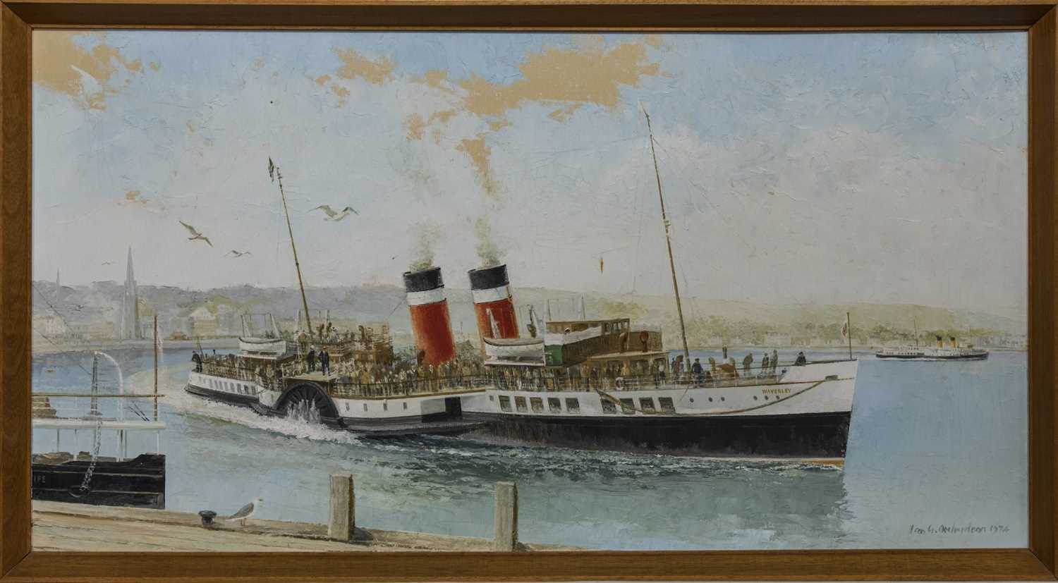 Lot 540 - LNER PADDLE STEAMER 'WAVERLEY' ARRIVING AT ROTHESAY IN SUMMER 1947, AN OIL BY IAN G ORCHARDSON