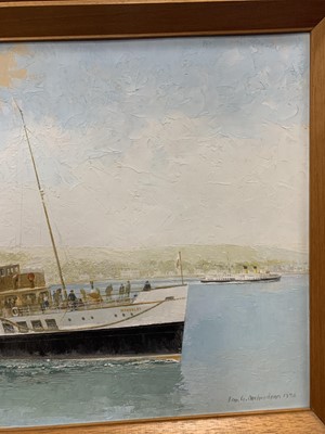 Lot 540 - LNER PADDLE STEAMER 'WAVERLEY' ARRIVING AT ROTHESAY IN SUMMER 1947, AN OIL BY IAN G ORCHARDSON