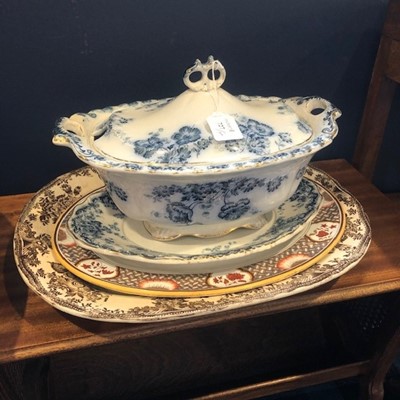 Lot 727 - A LATE VICTORIAN BLUE AND WHITE STONEWARE TUREEN WITH COVER AND SERVING DISHES