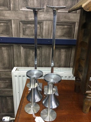 Lot 755 - THREE PAIRS OF STAINLESS STEEL CANDLESTICKS