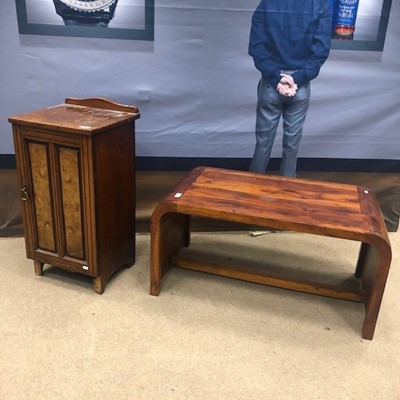 Lot 203 - A WALNUT POT CUPBOARD AND A STAINED WOOD COFFEE TABLE