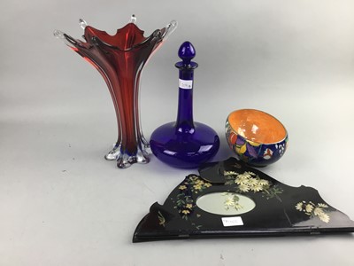 Lot 204 - A HANCOCKS CORONA WARE BOWL, GLASS VASE, GLASS DECANTER AND A WALL HANGING SHELF