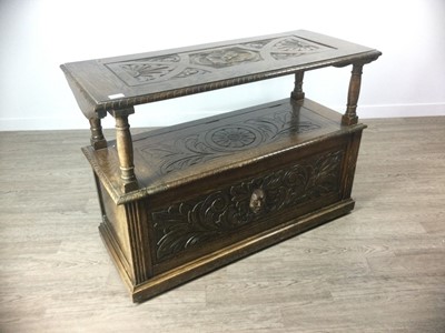 Lot 1717 - AN VICTORIAN CARVED OAK HALL SETTLE