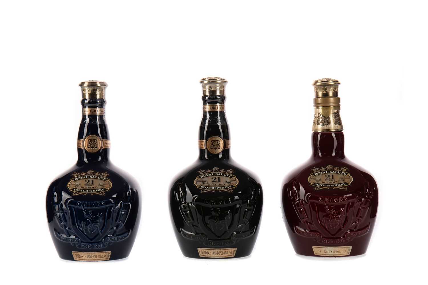 Lot 71 - CHIVAS REGAL ROYAL SALUTE AGED 21 YEARS RUBY, SAPPHIRE AND EMERALD FLAGONS