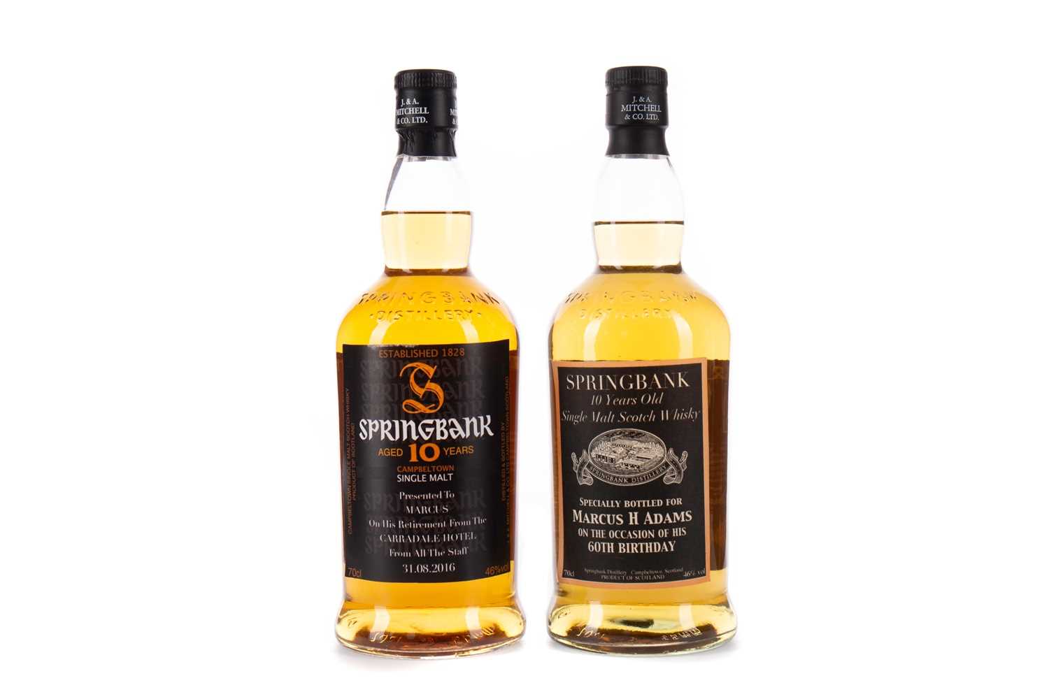 Lot 90 - TWO SPRINGBANK 10 YEARS OLD PERSONALISED LABELS