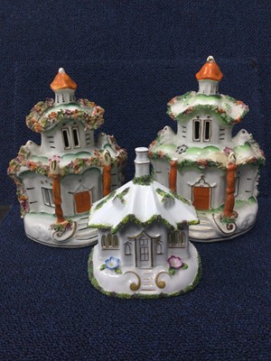 Lot 108 - A LOT OF THREE VCTORIAN STAFFORDSHIRE BUILDINGS, A VASE AND ANOTHER BUILDING