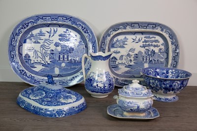 Lot 114 - A COMPOSITE SET OF SEVEN GRADUATED VICTORIAN BLUE & WHITE STONEWARE SERVING DISHES