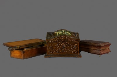 Lot 223 - A BRONZED HARDWOOD LETTER BOX, ALONG WITH ANOTHER AND A JEWELLERY CASKET