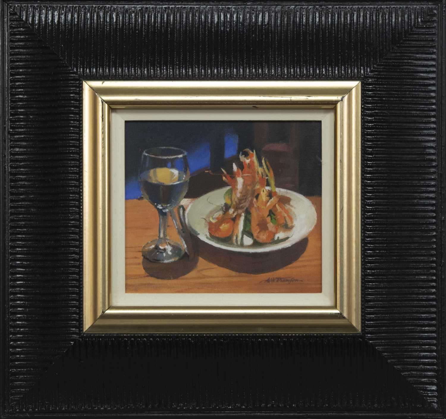 Lot 565 - CHABLIS AND LANGOUSTINE AT ROGANO, AN OIL BY ALASTAIR THOMSON