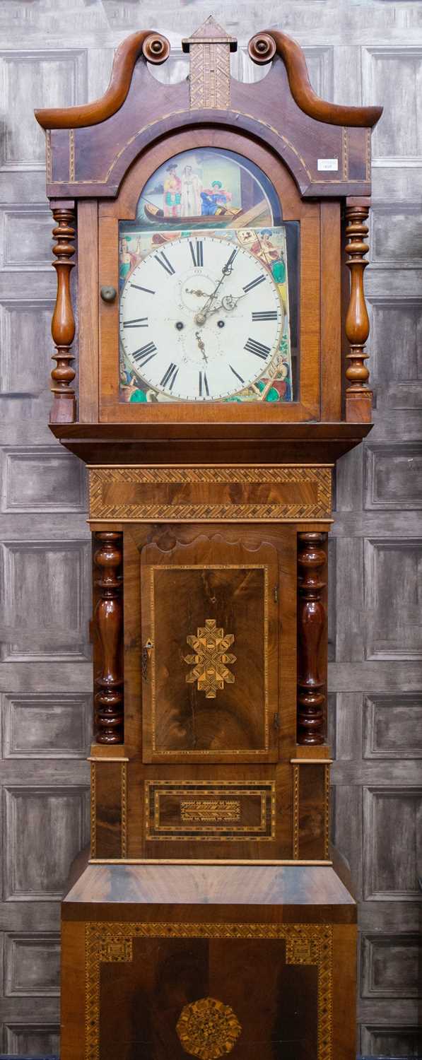 Lot 1125 - A VICTORIAN OAK AND PARQUETRY LONGCASE CLOCK