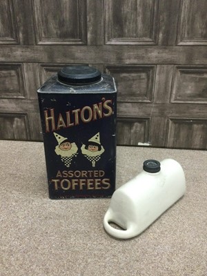 Lot 147 - A STONEWARE HOT WATER BOTTLE AND A VINTAGE HALTON'S TIN