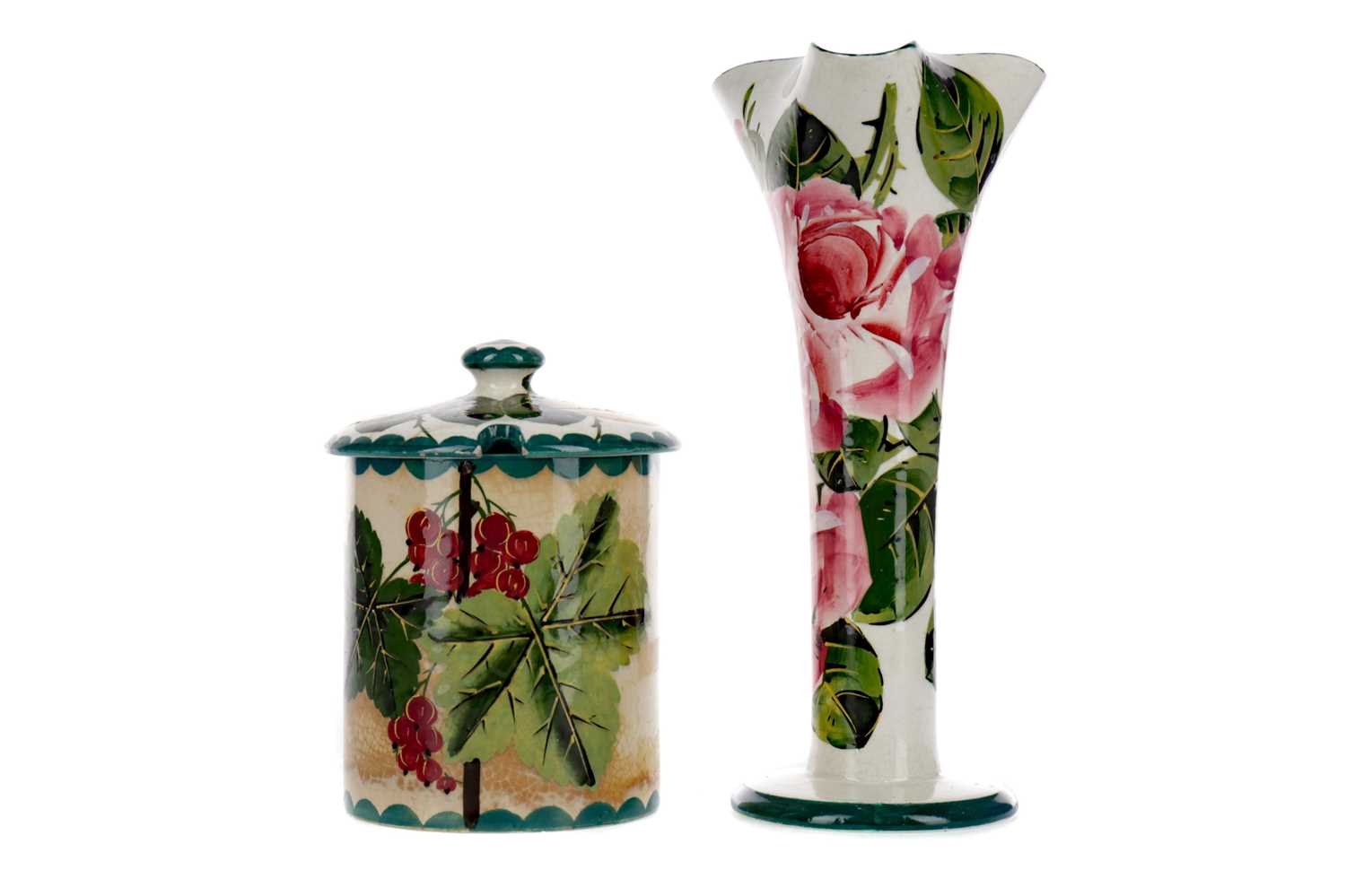 Lot 1089 - A WEMYSS WARE PRESERVE POT AND COVER, ALONG WITH A SOLIFLEUR VASE