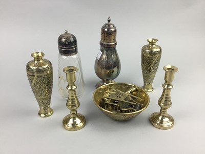 Lot 153 - A LOT OF TWO PAIRS OF MINIATURE BRASS CANDLESTICKS AND OTHER ITEMS