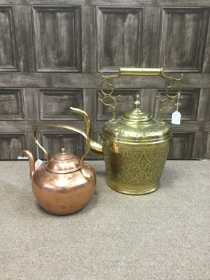 Lot 137 - A LARGE DUTCH BRASS TEA KETTLE AND A COPPER KETTLE