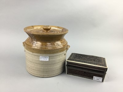 Lot 156 - A SMALL SANDALWOOD WORK BOX AND A CROCK
