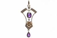 Lot 65 - EDWARDIAN AMETHYST AND SEED PEARL PENDANT