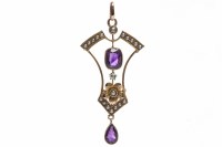 Lot 65 - EDWARDIAN AMETHYST AND SEED PEARL PENDANT