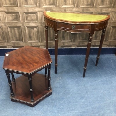 Lot 202 - A REPRODUCTION MAHOGANY DEMI LUNE SIDE TABLE AND AN OCCASIONAL TABLE