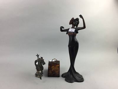 Lot 249 - A HAN STYLE SPELTER HORSE, ALONG WITH A FIGURE OF A LADY AND A MINIATURE SCUTTLE