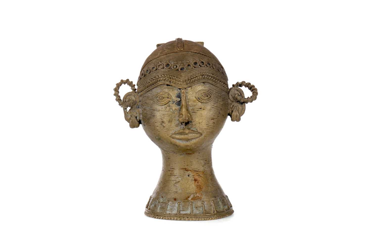 Lot 645 - AN AFRICAN GILDED METAL FEMALE HEAD