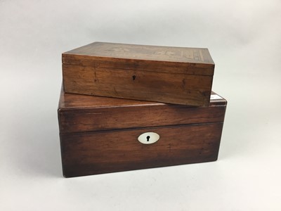 Lot 102 - A VICTORIAN ROSEWOOD SEWING BOX, ANOTHER BOX, KEYS AND HANDLES