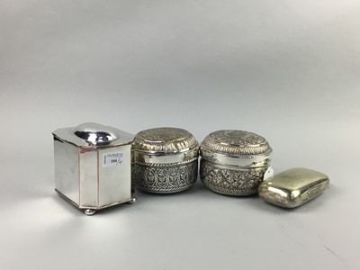Lot 104 - AN ASPREY SILVER PLATED CIGAR CASE, POTS AND CADDY