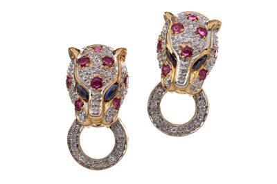 Lot 320 - A RUBY AND DIAMOND PANTHER RING AND EARRINGS