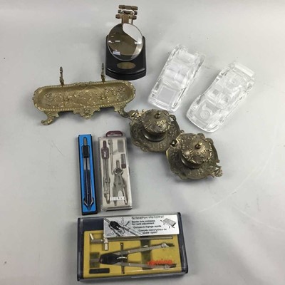 Lot 356 - A BRASS DOUBLE INKSTAND, PENSTAND, MAGNIFIER AND OTHER ITEMS