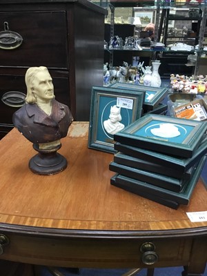 Lot 289 - A COMPOSITE BUST OF A CLASSICAL FIGURE AND FRAMED MINIATURE BUSTS