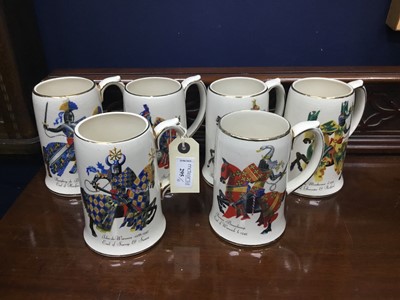 Lot 295 - A LOT OF SIX SADLER CERAMIC TANKARDS AND FOUR WALL HANGING SHIELDS