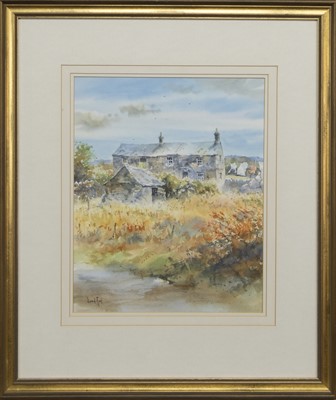 Lot 173 - TIN MINERS COTTAGE NEAR ZENNOR IN CORNWALL, A WATERCOLOUR BY DAVID RUST