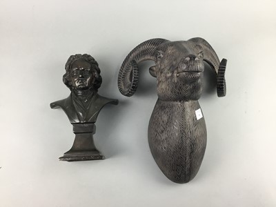 Lot 300 - A METAL WALL MOUNTING RAM HEAD AND A COMPOSITE BUST