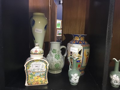 Lot 303 - A SADLER LIDDED JAR, TWO GERMAN CERAMIC JUGS AND OTHER CERAMICS