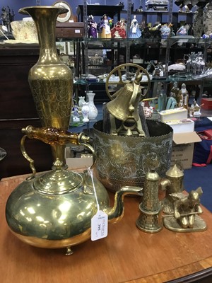 Lot 395 - A BRASS TODDY KETTLE, BRASS OVAL BOWL, VASES AND OTHER BRASS WARE