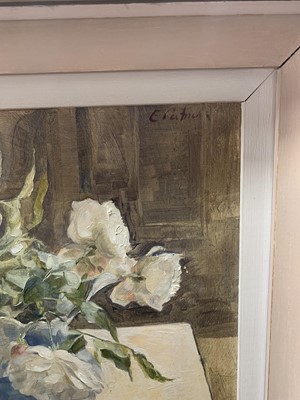 Lot 601 - THREE WHITE ROSES IN A BLUE JUG, AN OIL BY EMILY PATRICK