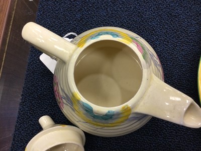 Lot 1101 - A CLARICE CLIFF TEA POT AND CREAM JUG AND OTHER ITEMS
