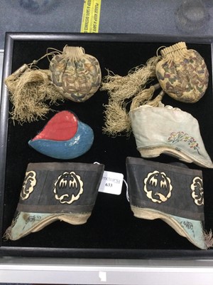 Lot 633 - A PAIR OF LATE 19TH CENTURY CHINESE SILK EMBROIDERED SHOES FOR BOUND FEET, A SINGLE SHOE AND A PAIR OF POUCHES