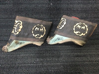 Lot 633 - A PAIR OF LATE 19TH CENTURY CHINESE SILK EMBROIDERED SHOES FOR BOUND FEET, A SINGLE SHOE AND A PAIR OF POUCHES