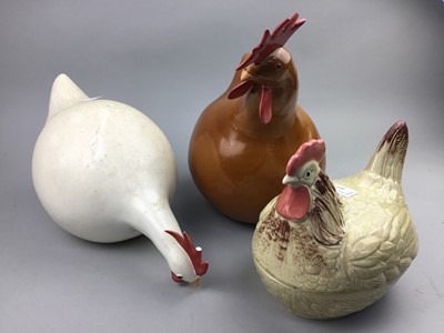 Lot 460 - A 20TH CENTURY CERAMIC HEN BASKET AND TWO OTHER CERAMIC FIGURES OF CHICKENS