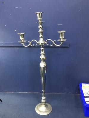 Lot 462 - A PLATED METAL CANDELABRUM, CANTEEN OF CUTLERY AND A FIGURE