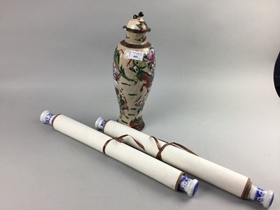 Lot 465 - A 20TH CENTURY CHINESE CRACKLEGLAZE VASE AND COVER AND TWO SCROLLS