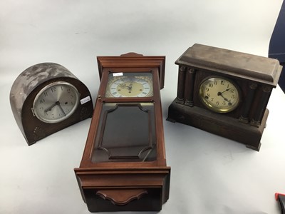 Lot 316 - A REPRODUCTION WALL CLOCK AND TWO MAHOGANY MANTEL CLOCKS