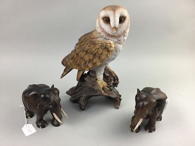 Lot 322 - A LOT OF THREE RESIN OWL FIGURES AND TWO CARVED WOOD FIGURES OF ELEPHANTS