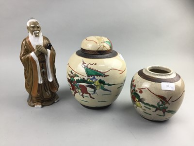 Lot 321 - A CHINESE FIGURE OF A SCHOLAR AND TWO CHINESE GINGER JARS