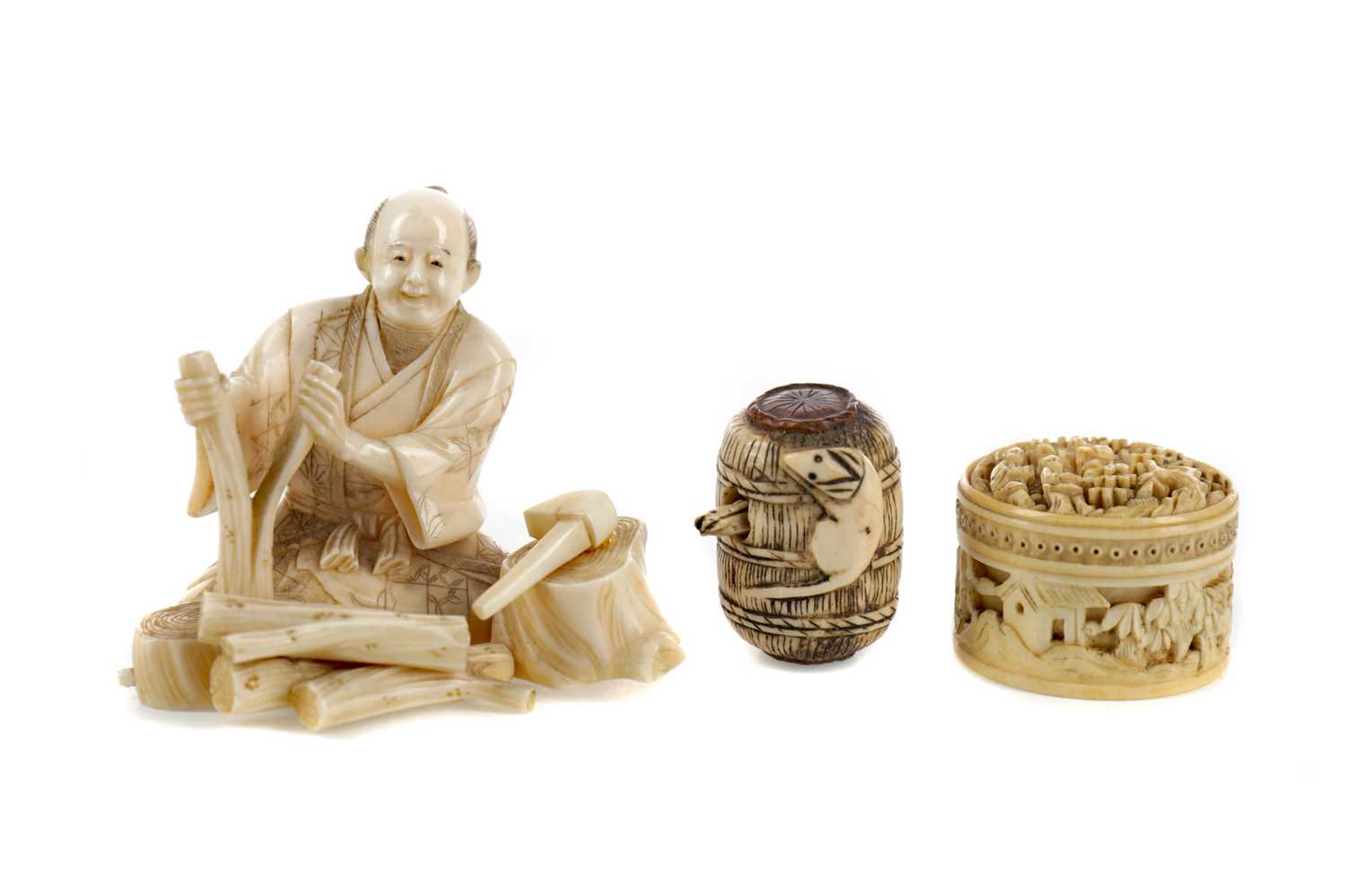 Lot 623 - A JAPANESE IVORY CARVING AND TWO OTHER ITEMS