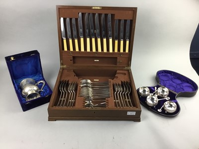 Lot 531 - A CANTEEN OF SILVER PLATED CUTLERY, SILVER PLATED TANKARD AND CONDIMENT SET